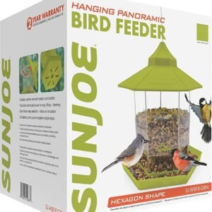Restored Sun Joe SJ-WBFX-GRN Wild Bird Hanging Feeder, w/Roof and Hexagonal Shape, for Outdoor Garden & Yard Decoration, 2.15 Lbs Bird Seed & Nut Capacity (Refurbished)